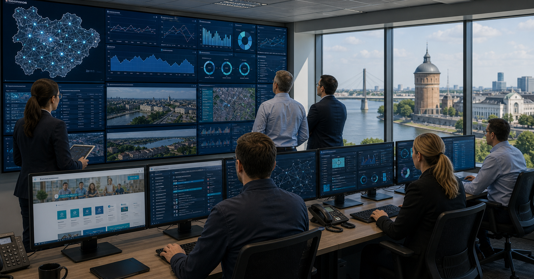 AI editorial image of ITK Rheinland municipal IT services and network operations.