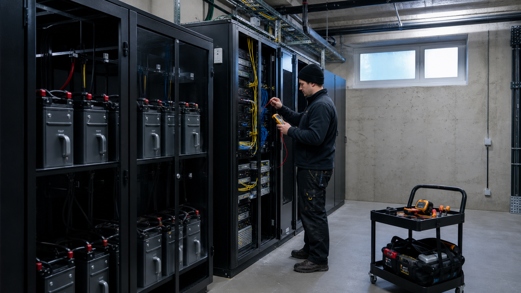 Kyiv data-centre racks with fibre cross-connects and spare server hardware, representing the physical hosting and network dependencies behind 2 Hosting Ukraine LTD.