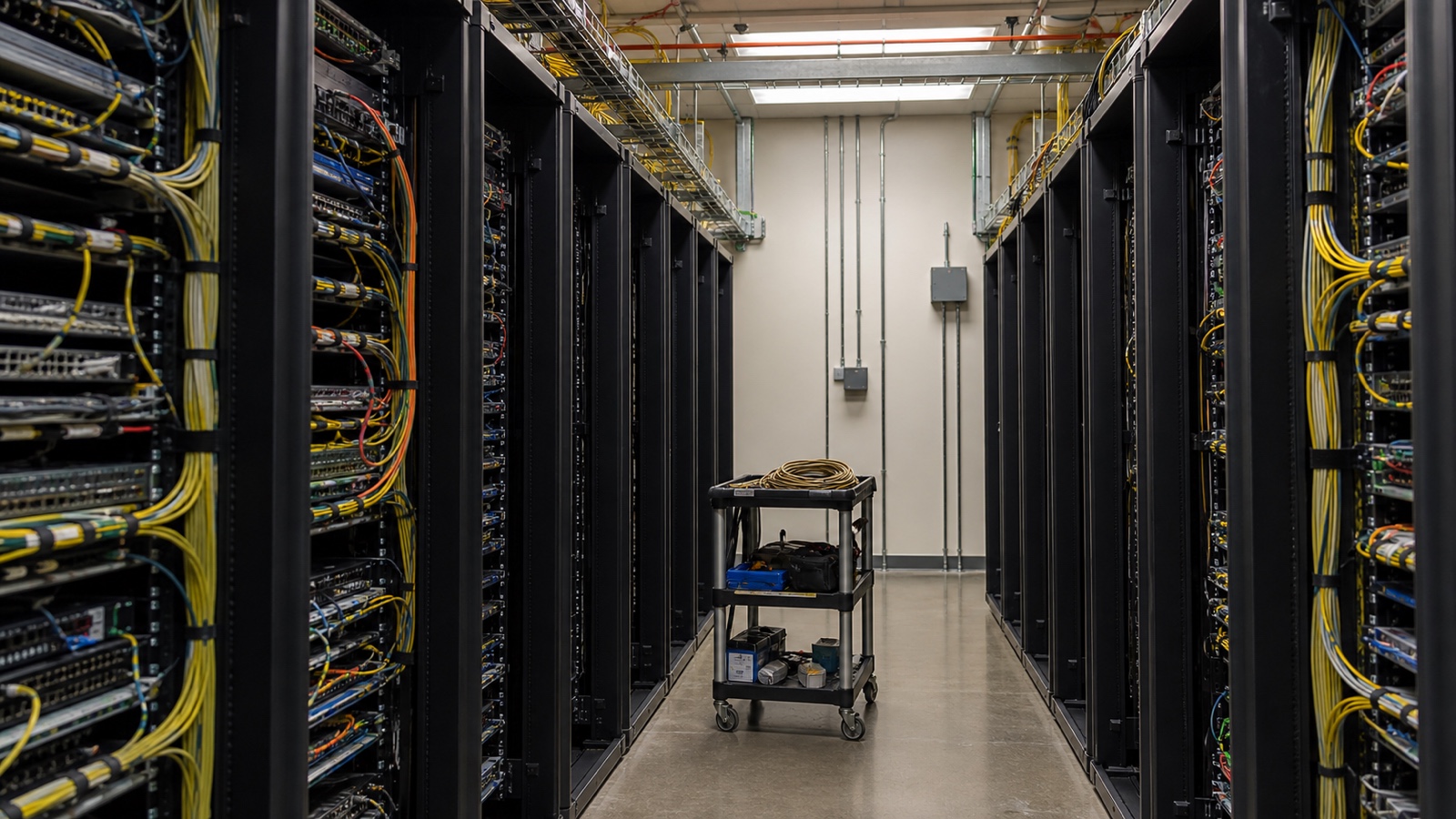 An unbranded enterprise network equipment room with server racks, patch panels, cabling, and a maintenance trolley.
