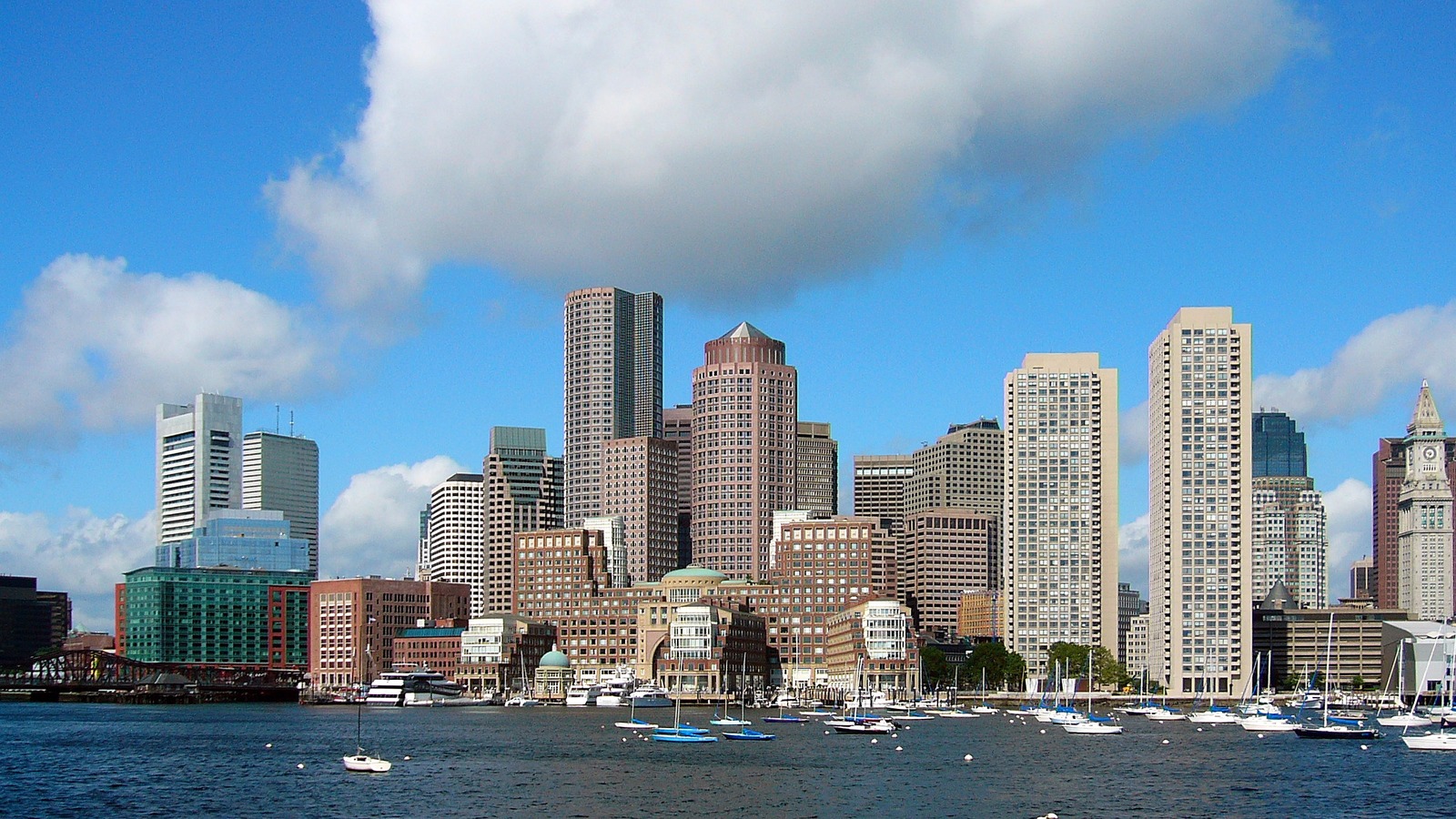 Boston Financial District buildings viewed across the harbor