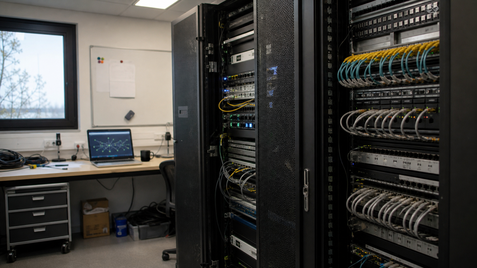 A generic AI-generated compact network operations and hosting room with unbranded racks, patch panels and orderly cabling