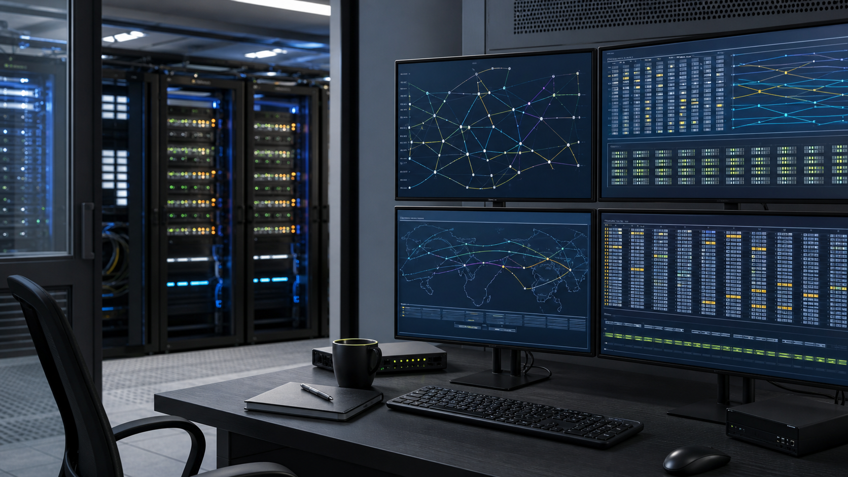 A generic AI-generated network operations workspace with abstract non-legible monitoring displays and softly focused server racks