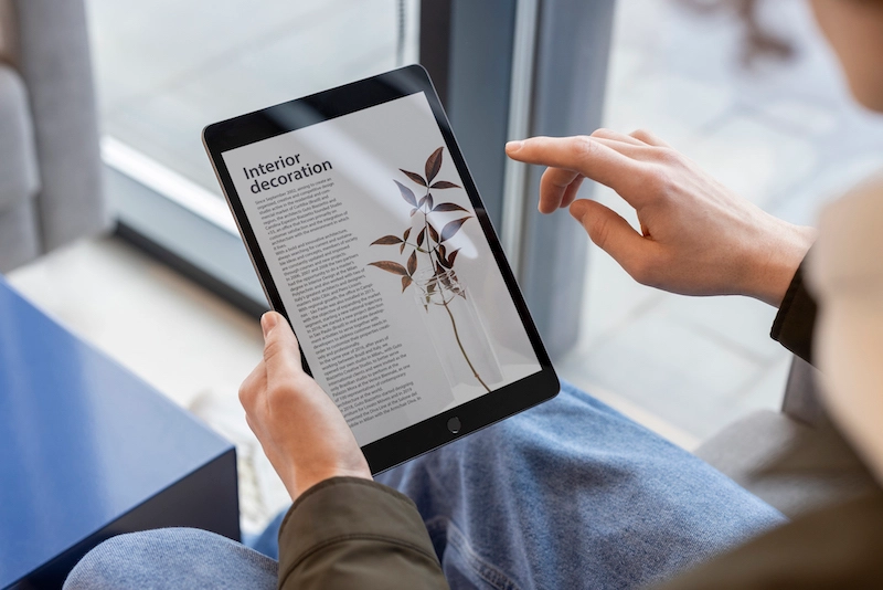 -person-reading-online-magazine-using-digital-device-