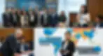 A vibrant and professional collage illustrating the Larus Foundation Fellowship Programme as a career catalyst. The image features three distinct circles: one showing a young professional speaking at a high-level global summit (Attend Global Meetings), another showing a senior mentor guiding a student over a laptop (Receive Mentorship), and a third showing a diverse group of young leaders in front of a world map (Represent Their Regions). These elements are connected by a central glowing icon of a graduation cap and a globe, symbolizing the immersive entry into the world of tech diplomacy and international relations